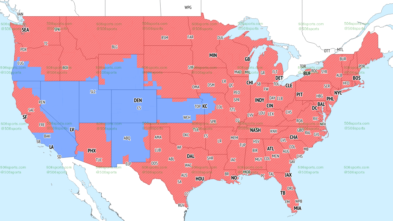 A color-coded map of the United States showing which NFL games will be shown where in Week 18