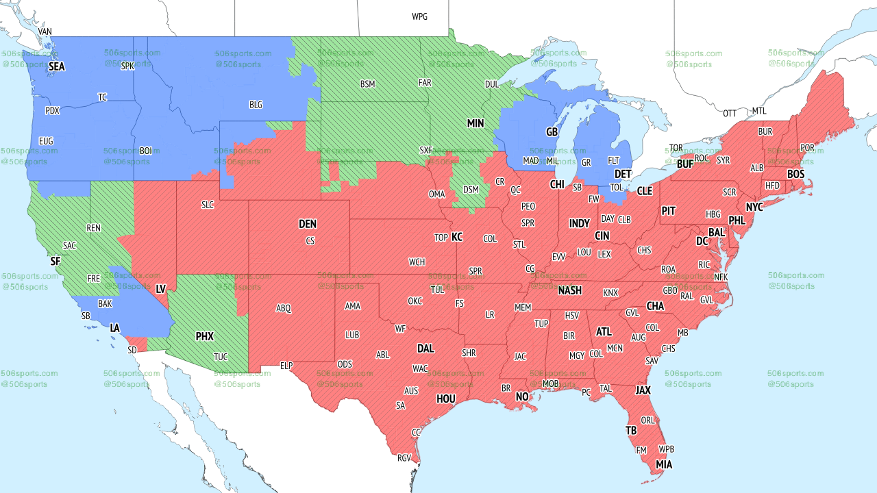 A color-coded map of the United States showing which NFL games will be shown where in Week 18