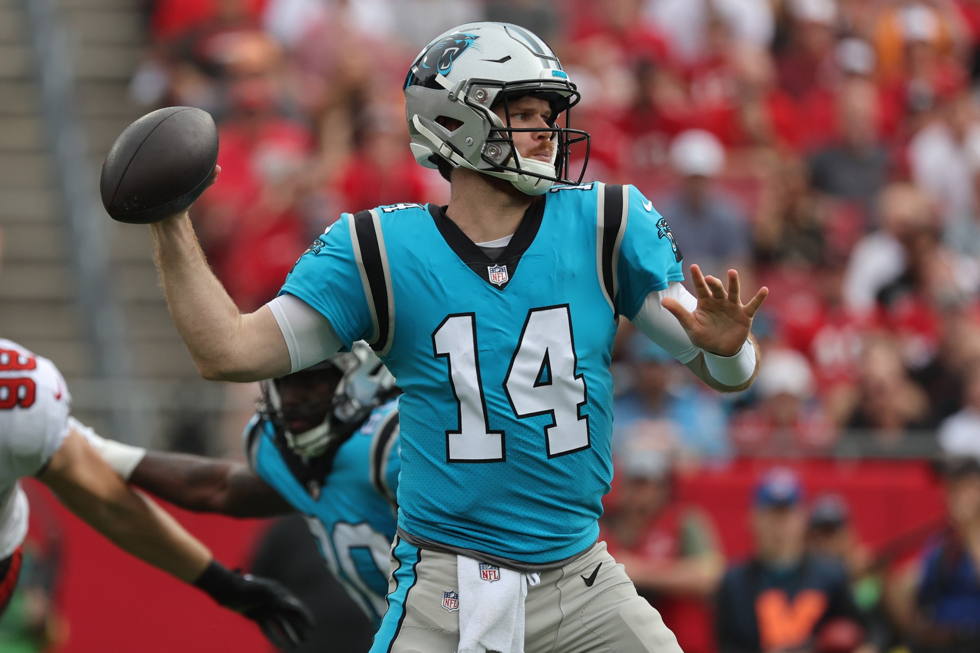 Panthers' $18.8 million BACKUP quarterback Sam Darnold reacts to