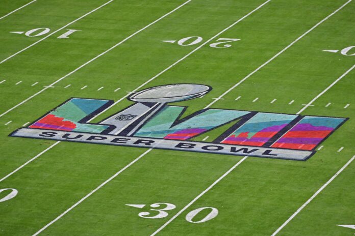 The Super Bowl LVII logo is seen before the game between the Kansas City Chiefs and the Philadelphia Eagles at State Farm Stadium.