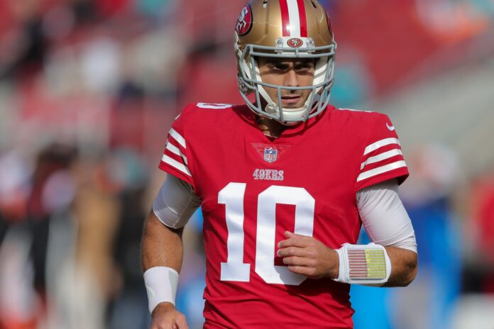 San Francisco 49ers QB Jimmy Garoppolo (10) jogs off after a play.