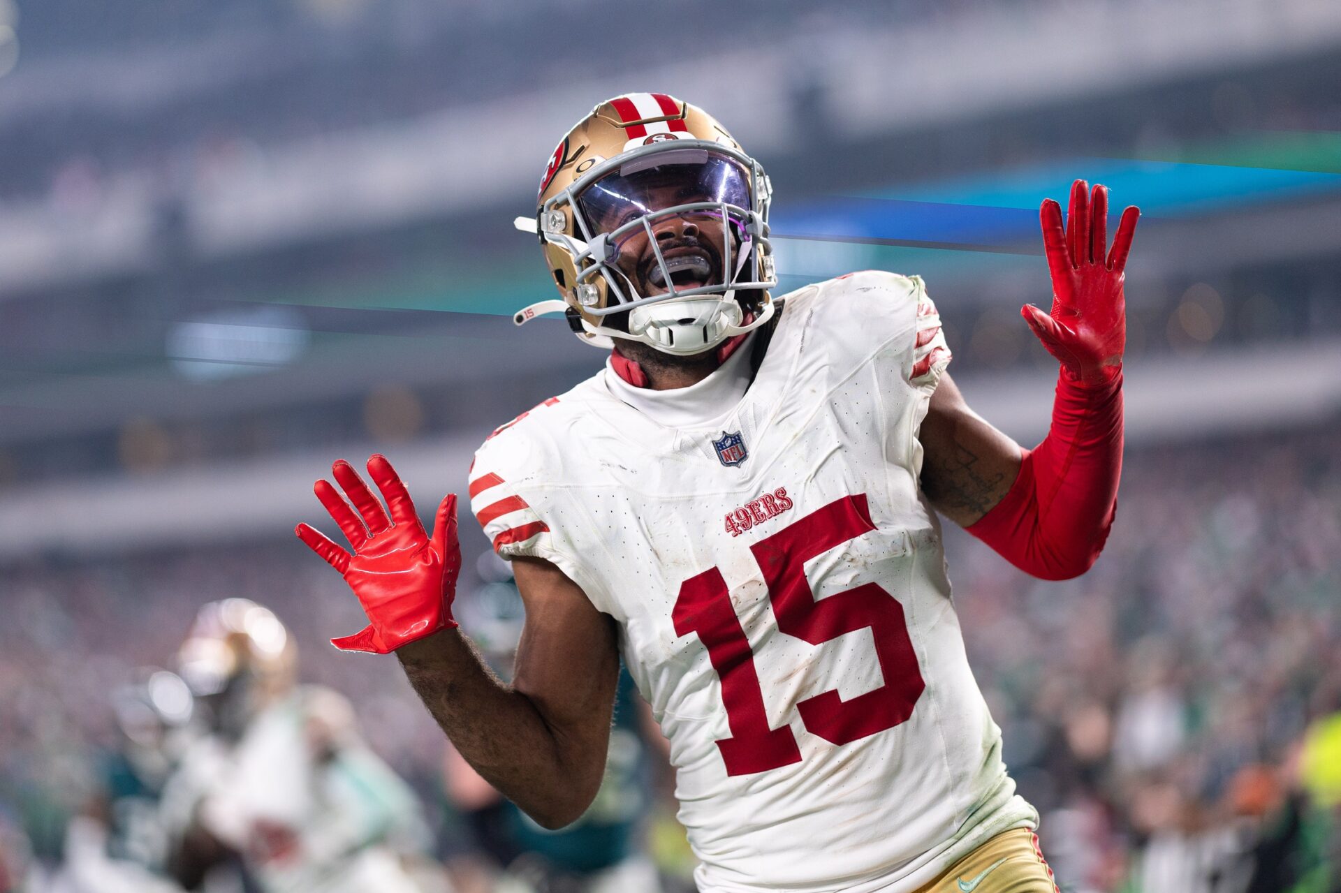 San Francisco 49ers WR Jauan Jennings (15) reacts after scoring a touchdown against the Philadelphia Eagles.