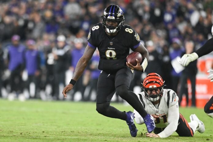 Baltimore Ravens QB Lamar Jackson takes off running against the Cincinnati Bengals.