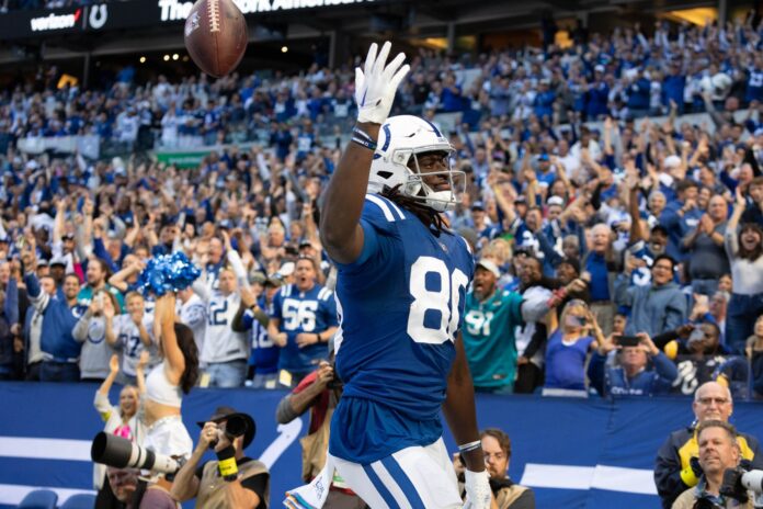 Jelani Woods celebrates his touchdown catch in the second half against the Jacksonville Jaguars.