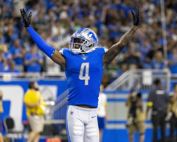 Detroit Lions wide receiver DJ Chark (4) celebrates his touchdown against the Philadelphia Eagles in the second half at Ford Field.