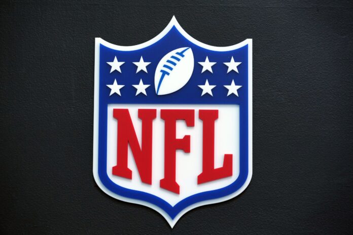 The NFL shield logo is seen at the Los Angeles Convention Center.
