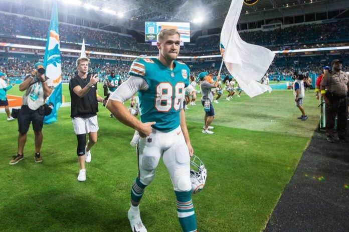 Miami Dolphins tight end Mike Gesicki (88) runs a play during the