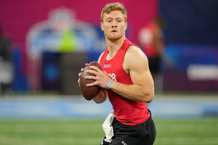 Kentucky quarterback Will Levis throws a pass during a drill at the NFL Combine.