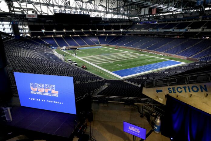 The USFL Michigan Panthers will play on the field in the background at Ford Field after the news conference announcing the move.