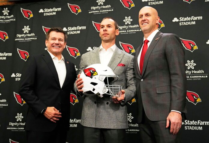 Jonathan Gannon is introduced as the new head coach of the Arizona Cardinals by team president Michael Bidwill and general manager Monti Ossenfort.