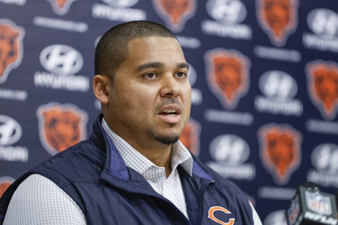 Ryan Poles speaks during a press conference at Halas Hall.