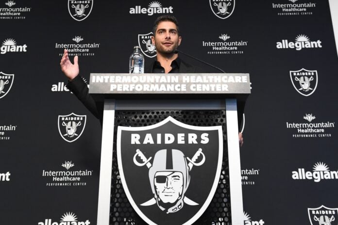 New Las Vegas Raiders quarterback Jimmy Garoppolo speaks to the media at Intermountain Healthcare Performance Center.