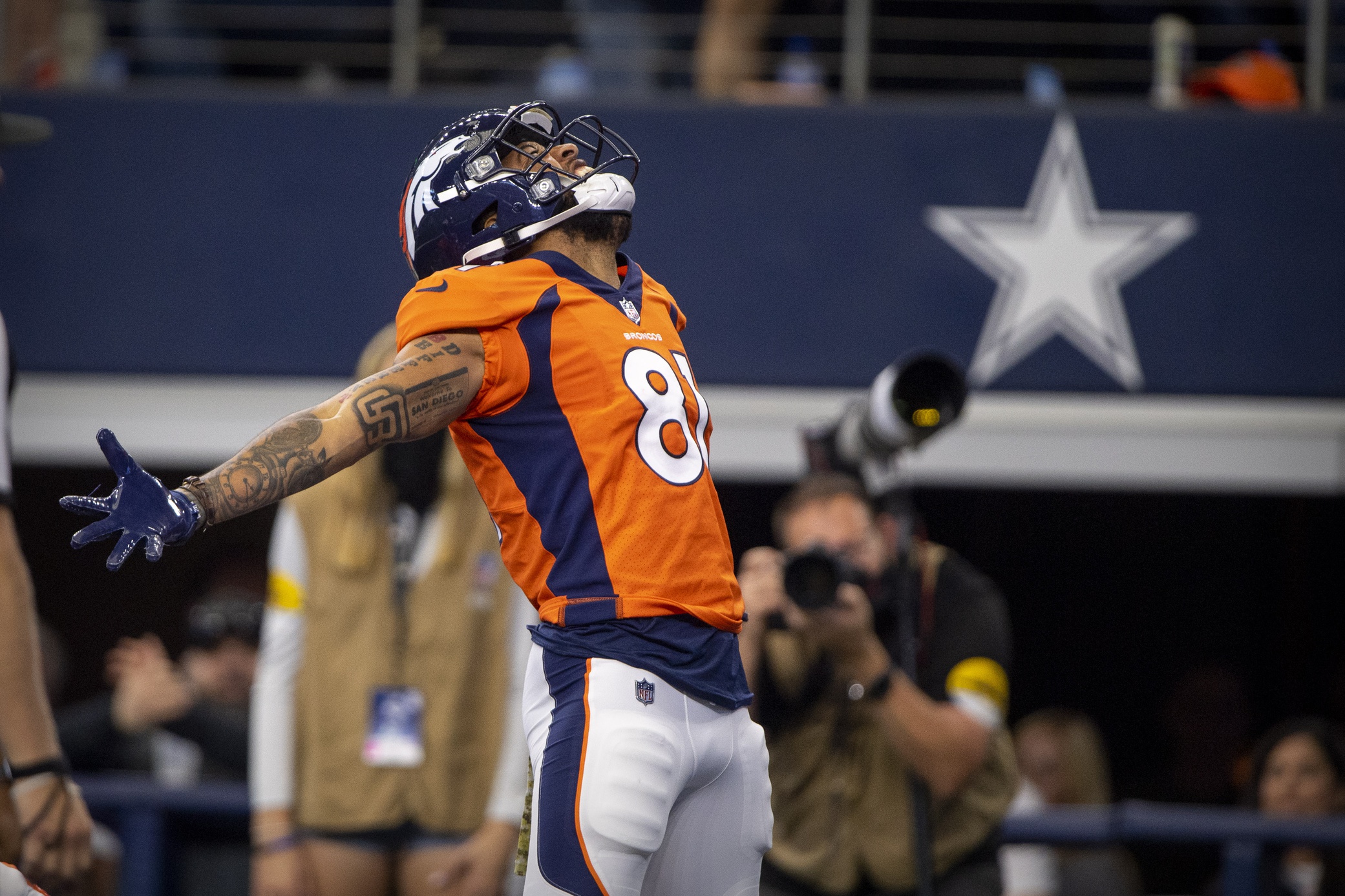 Denver Broncos wide receiver Tim Patrick (81) celebrates a