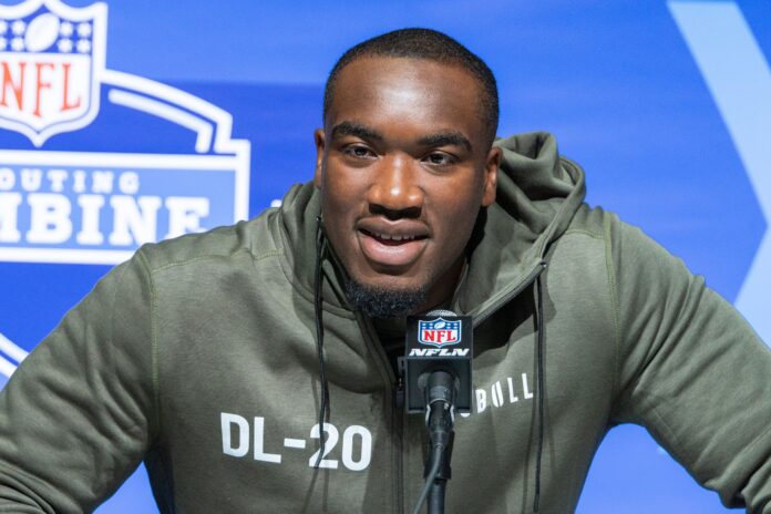 Northwestern defensive lineman Adetomiwa Adebawore (DL20) speaks to the press at the NFL Combine at Lucas Oil Stadium.