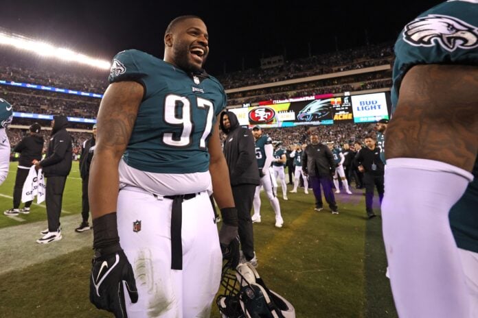 Philadelphia Eagles DT Javon Hargrave (97) celebrates on the field after the Eagles defeated the 49ers in the NFC Championship.