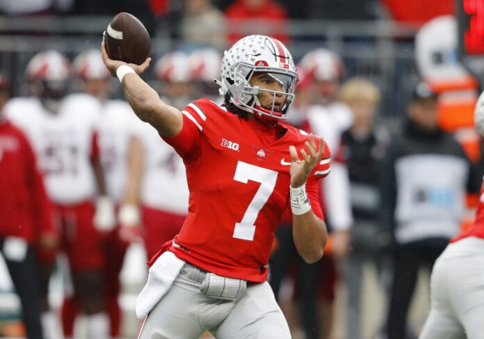 Ohio State quarterback C.J. Stroud attempts a pass in a game against Indiana.