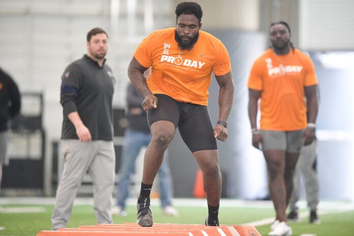 Tennessee defensive lineman Matthew Butler drills at Tennessee Football Pro Day at Anderson Training Facility in Knoxville, Tennessee.