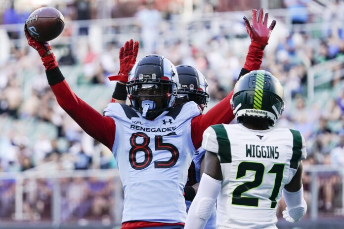 Tyler Vaughns celebrates a touchdown catch against the Orlando Guardians.