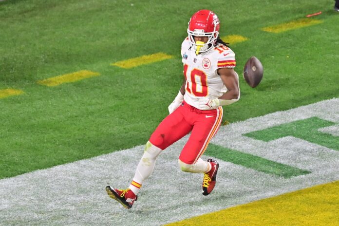 Kansas City Chiefs running back Isiah Pacheco (10) celebrates after scoring a touchdown.