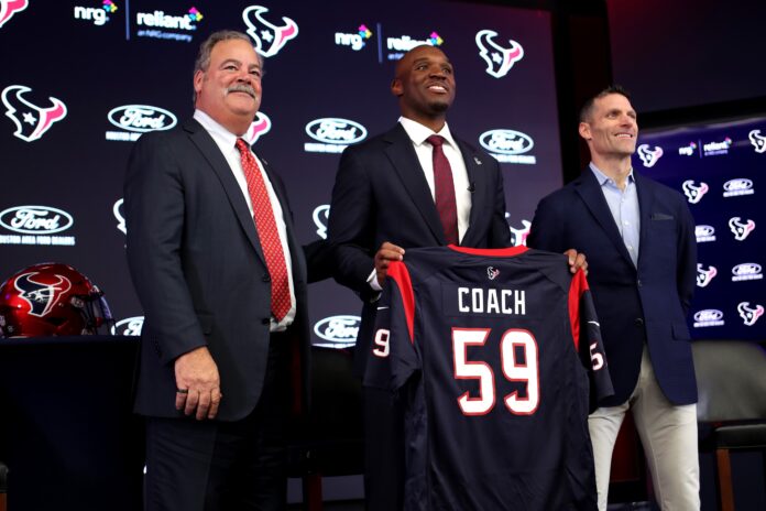 DeMeco Ryans is introduced as the Houston Texans head coach with owner Cal McNair and GM Nick Caserio.