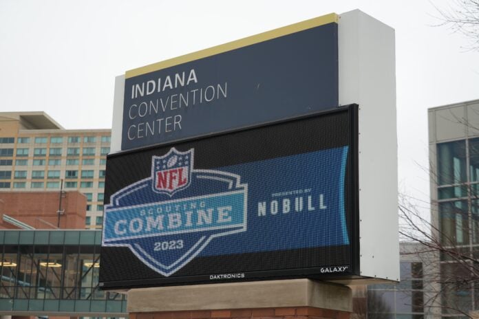 The NFL Scouting Combine logo at the Indiana Convention Center.