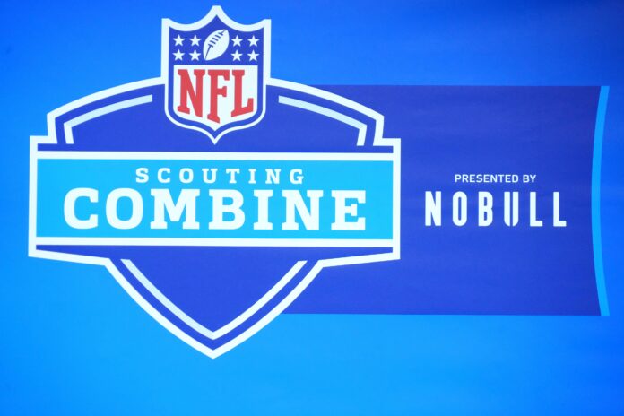 The NFL Scouting Combine logo at the Indiana Convention Center.
