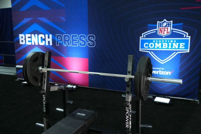 The Bench Press station at the NFL Combine at the Indiana Convention Center.