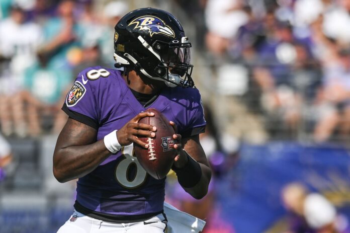 Lamar Jackson drops back to pass vs. the Dolphins.