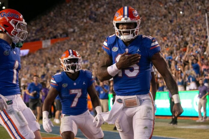 Anthony Richardson celebrates after diving into the end zone against LSU.