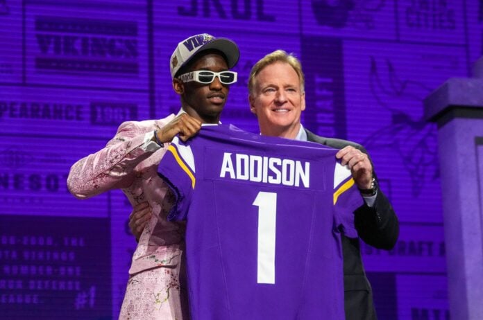 USC wide receiver Jordan Addison with NFL commissioner Roger Goodell after being selected by the Minnesota Vikings twenty third overall in the first round of the 2023 NFL Draft at Union Station.