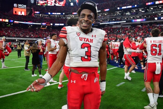 Utah Utes linebacker Mohamoud Diabate (3) celebrates the victory against the Southern California Trojans in the PAC-12 Football Championship.