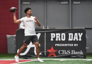 Quarterback Bryce Young throws during Pro Day at Hank Crisp Indoor Practice Facility on the campus of the University of Alabama.