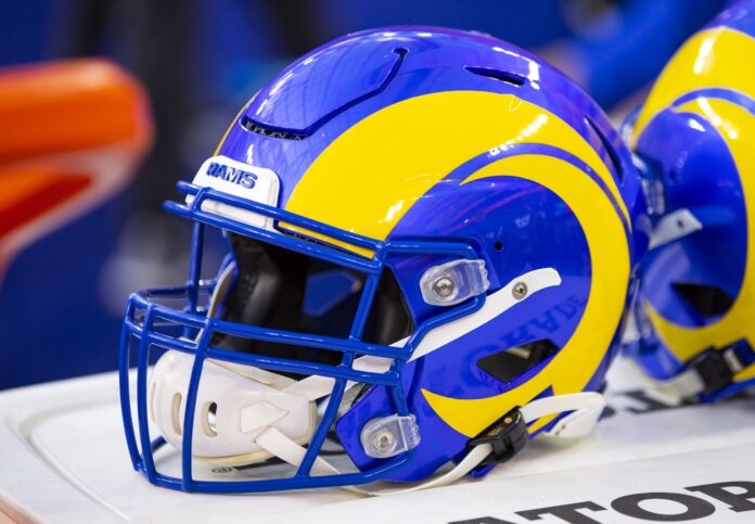 Detailed view of a Los Angeles Rams helmet during Super Bowl LVI at SoFi Stadium.