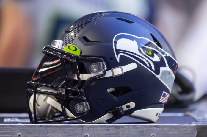 Detailed view of a Seattle Seahawks helmet at State Farm Stadium.