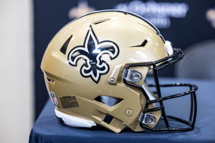 Detailed view of New Orleans Saints helmet at Ochsner Sports Performance Center.
