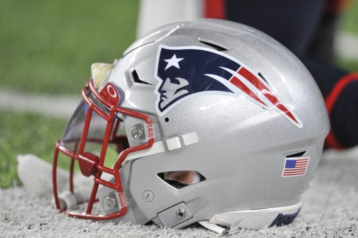 A New England Patriots helmet sits idle before the game between the Minnesota Vikings and the Patriots.