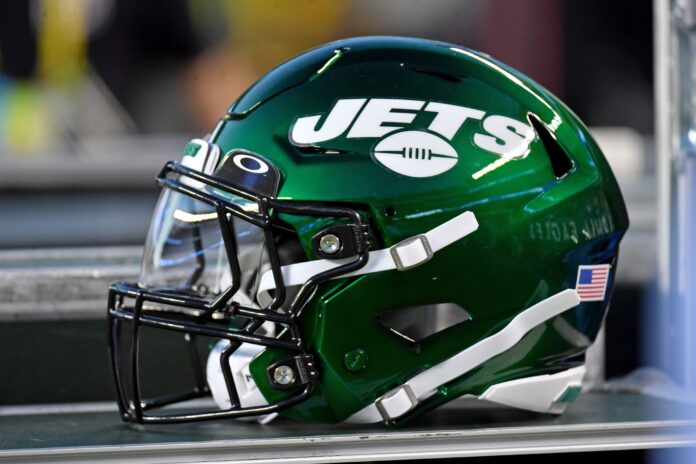 New York Jets helmet on the sidelines against the Philadelphia Eagles.