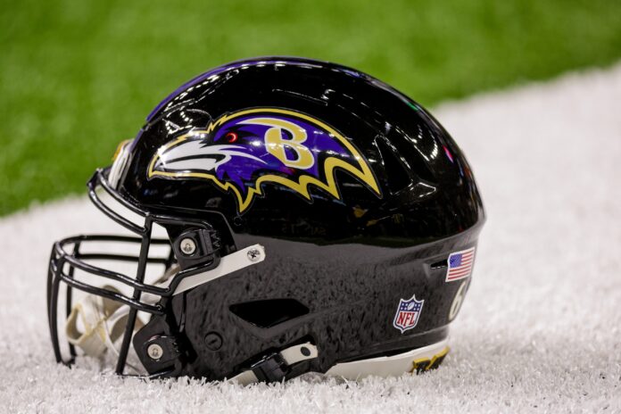General view of the Baltimore Ravens helmet during the warm ups before the game against the New Orleans Saints.