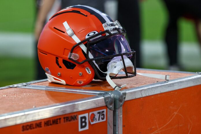 Cleveland Browns helmet sits on the sidelines during a game against the Jacksonville Jaguars.