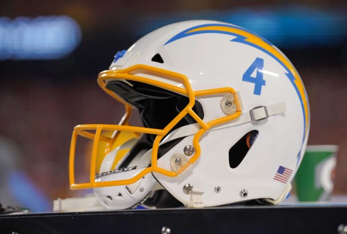 A general view of a Los Angeles Chargers helmet against the Kansas City Chiefs during the game at GEHA Field at Arrowhead Stadium.
