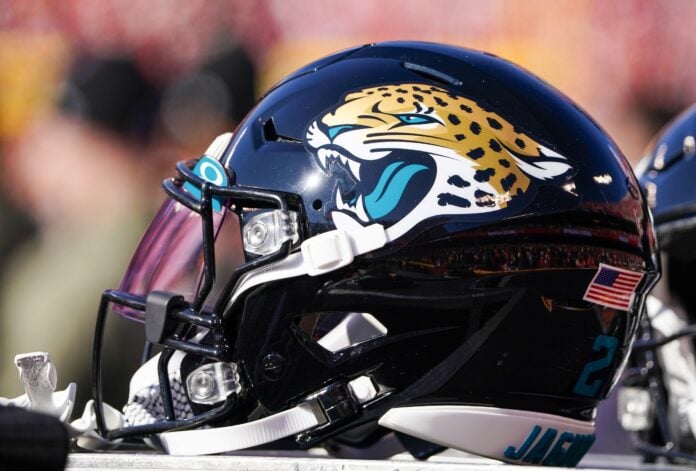 A detail view of a Jacksonville Jaguars helmet against the Kansas City Chiefs.