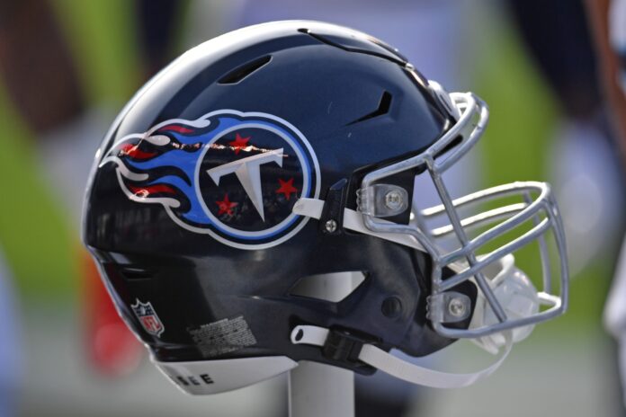 Tennessee Titans helmet on the bench against the Philadelphia Eagles at Lincoln Financial Field.