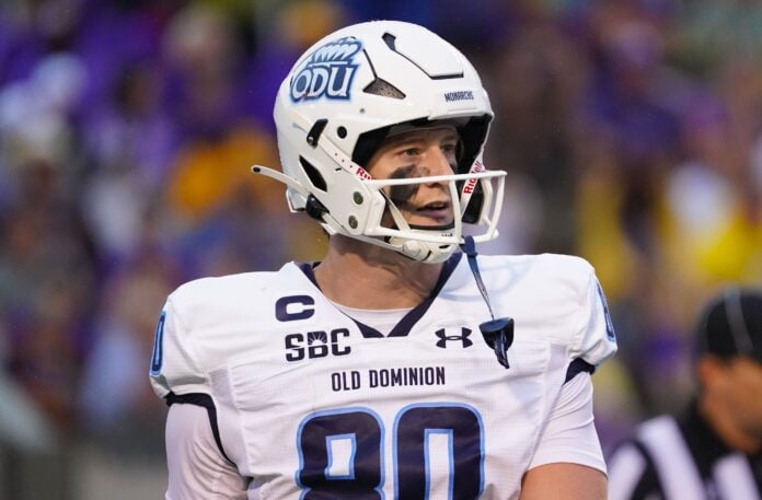 Old Dominion Monarchs tight end Zack Kuntz (80) looks on against the East Carolina Pirates.