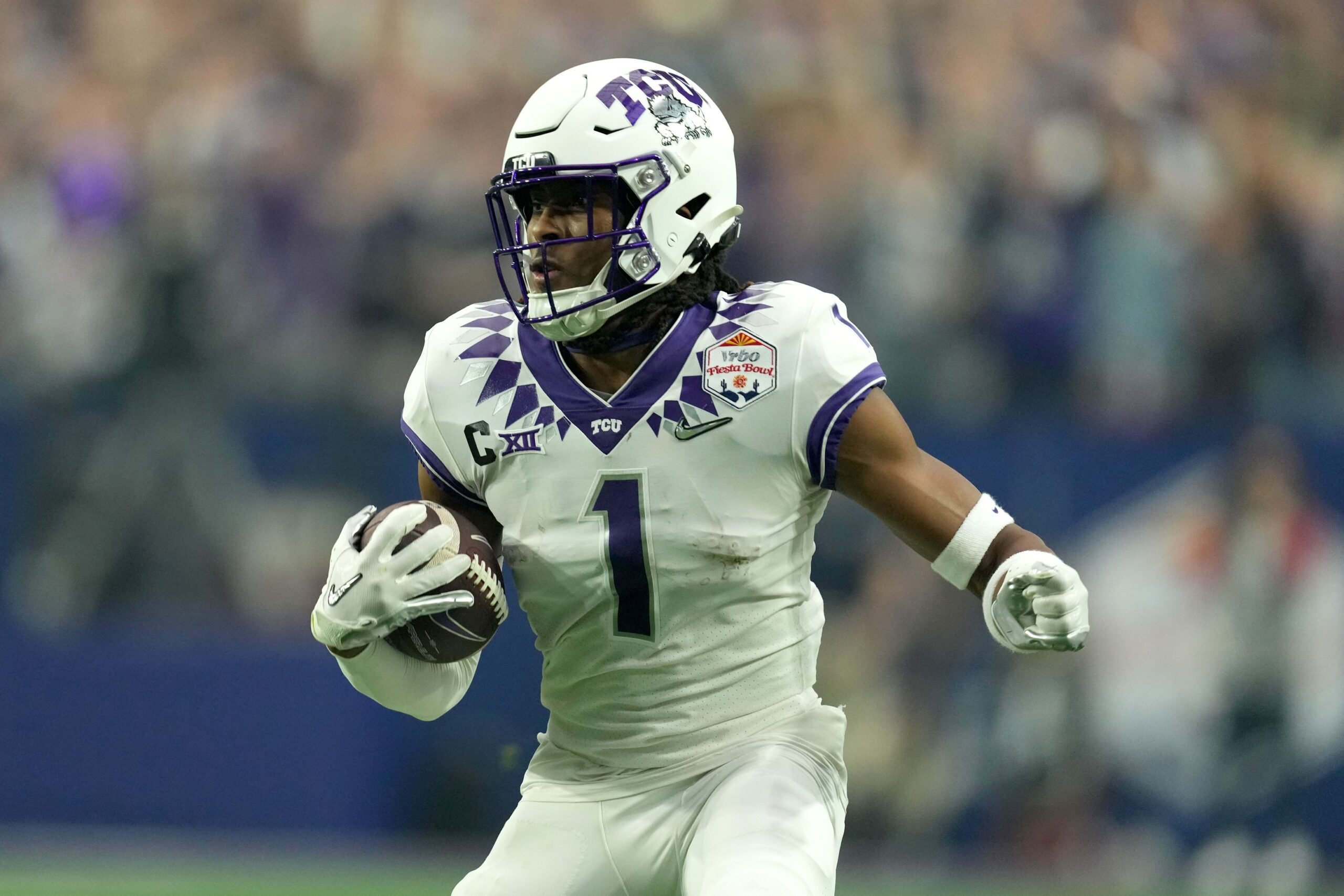 TCU Horned Frogs wide receiver Quentin Johnston (1) runs after a catch.