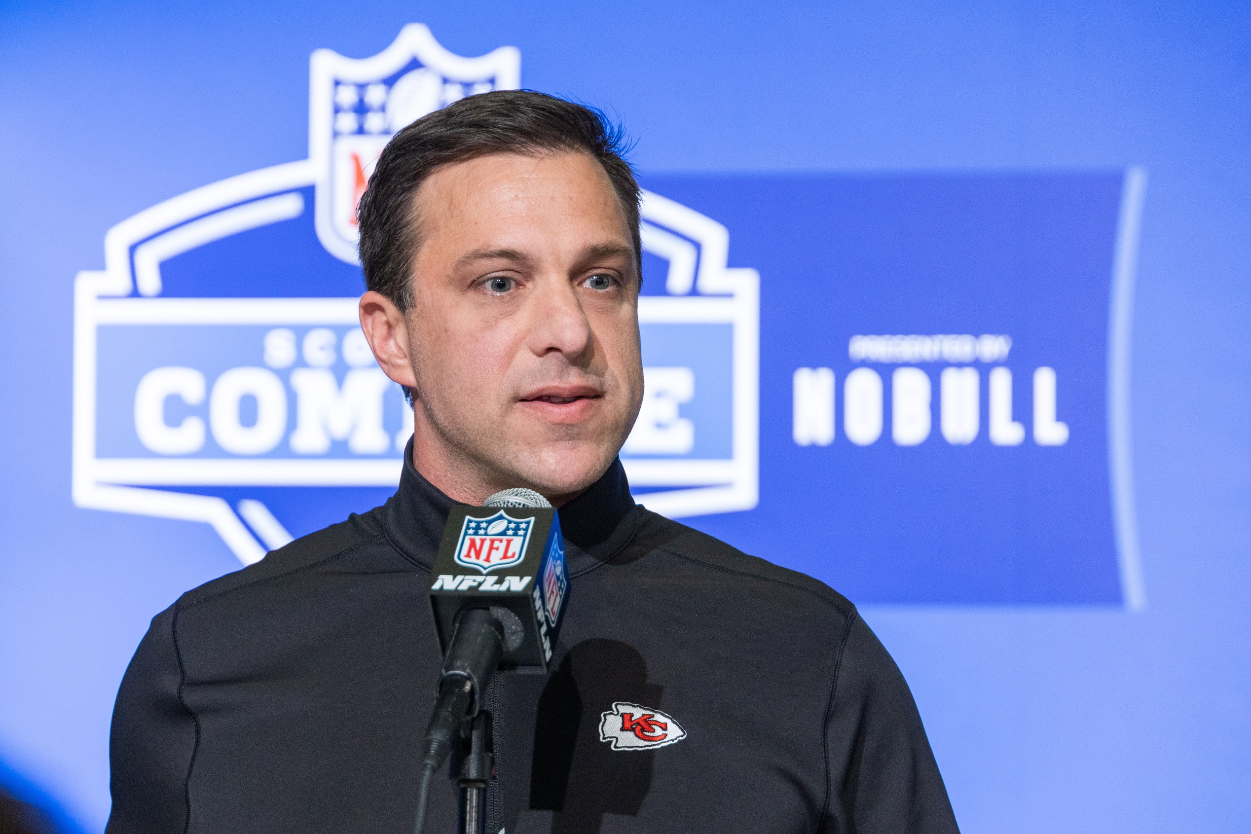 Kansas City Chiefs general manager Brett Veach speaks to the press at the NFL Combine.
