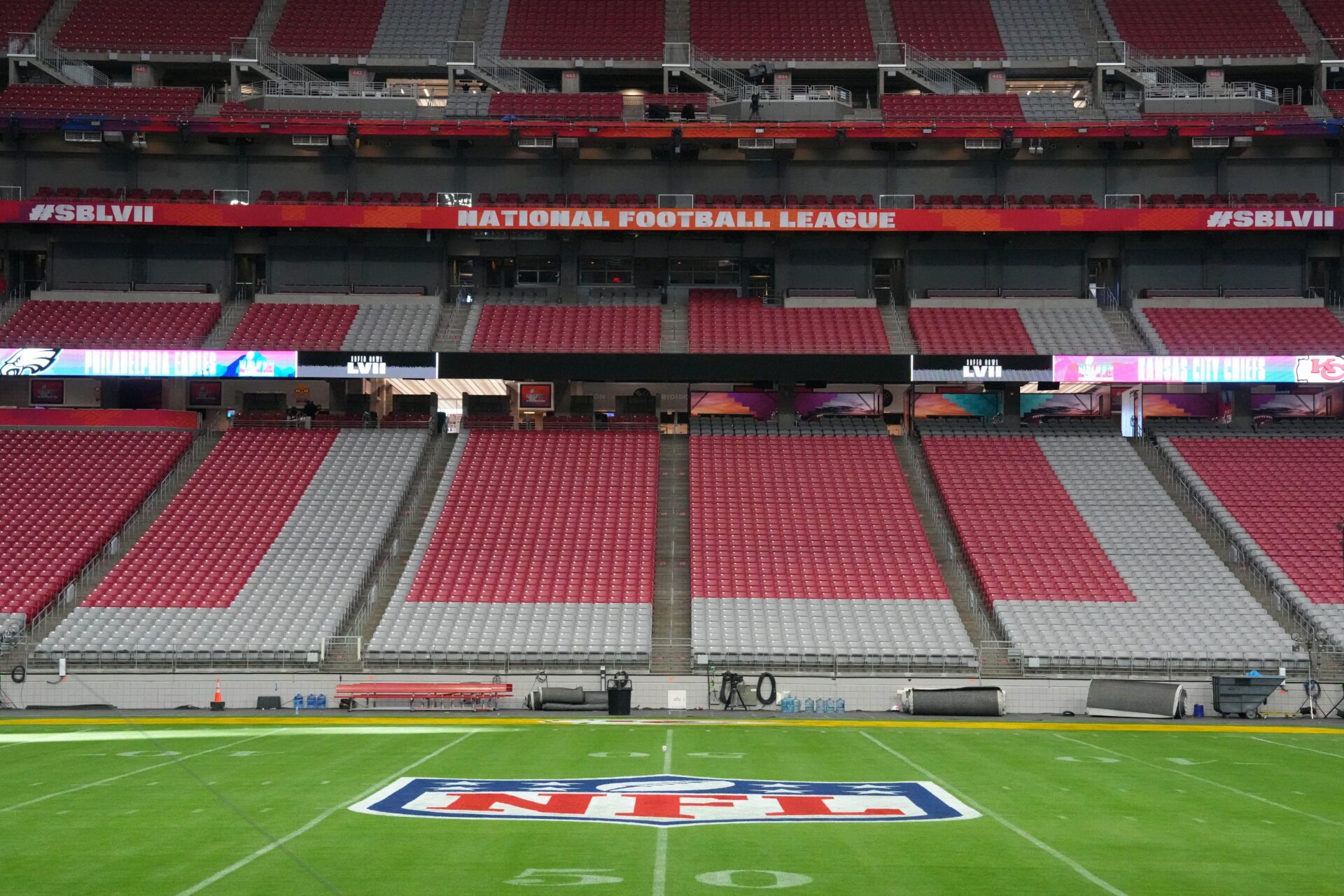 The NFL shield logo at midfield prior to Super Bowl 57.