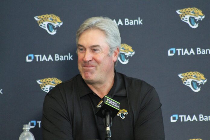Jaguars head coach Doug Pederson talks to media during a pre-draft luncheon.
