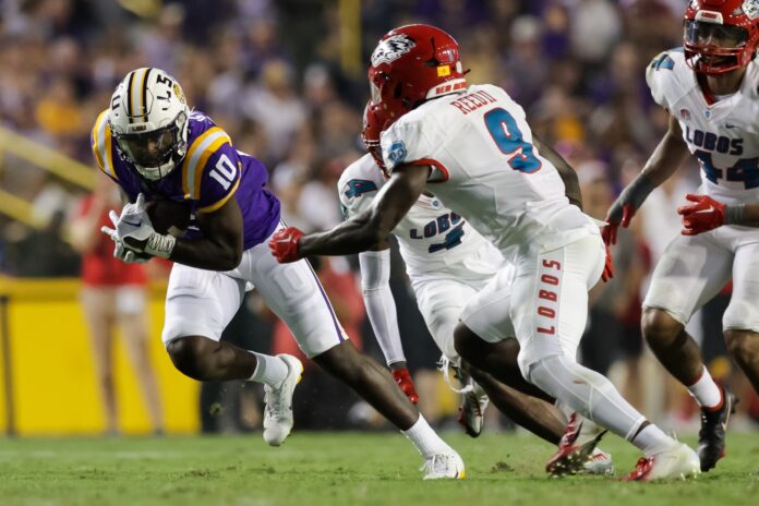 LSU Tigers wide receiver Jaray Jenkins (10) catches a pass against New Mexico Lobos safety Jerrick Reed II (9).