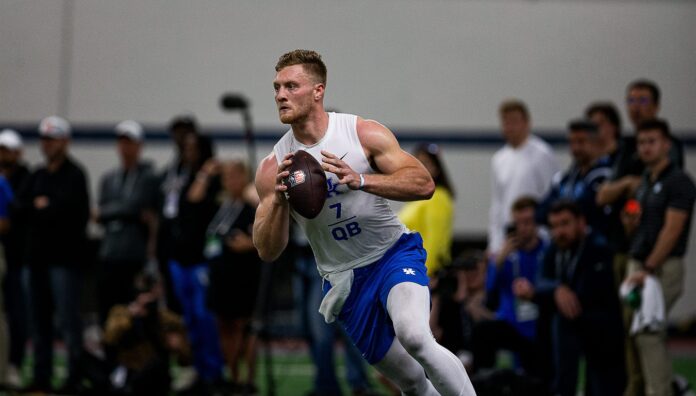 Kentucky QB Will Levis rolls out for a pass at his pro day.