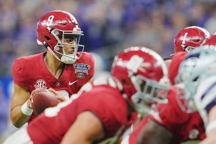 Dec 31, 2022; New Orleans, LA, USA; Alabama Crimson Tide quarterback Bryce Young (9) drops back to pass against the Kansas State Wildcats during the first half in the 2022 Sugar Bowl at Caesars Superdome. Mandatory Credit: Andrew Wevers-USA TODAY Sports